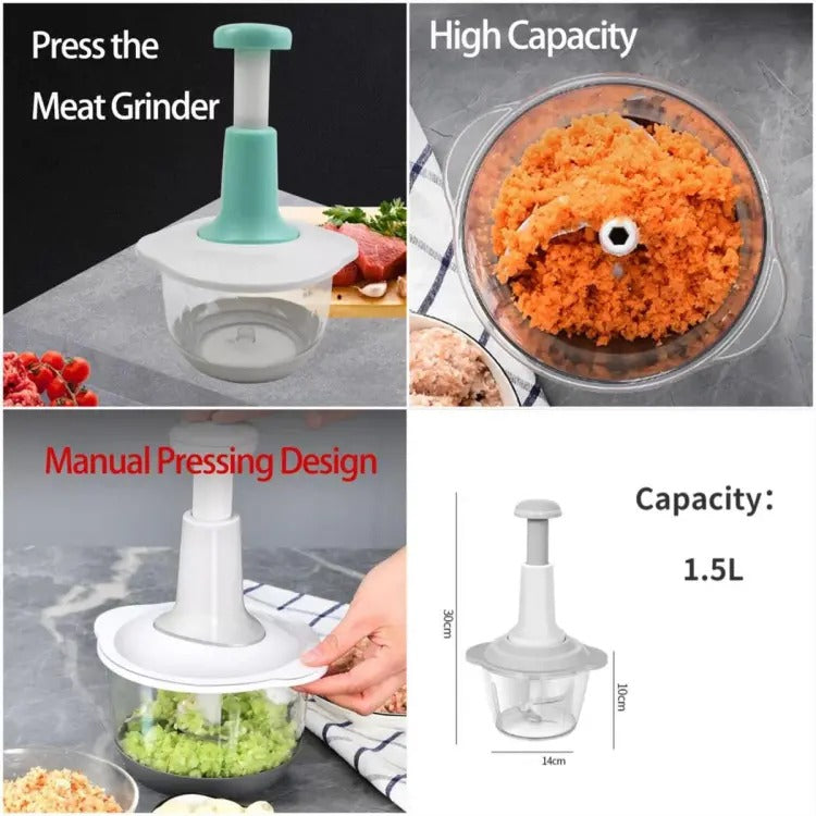 Manual Hand Push Chopper | Multi-functional Vegetable Meat Grinder, Grater, Chopper - 1.5 Liter