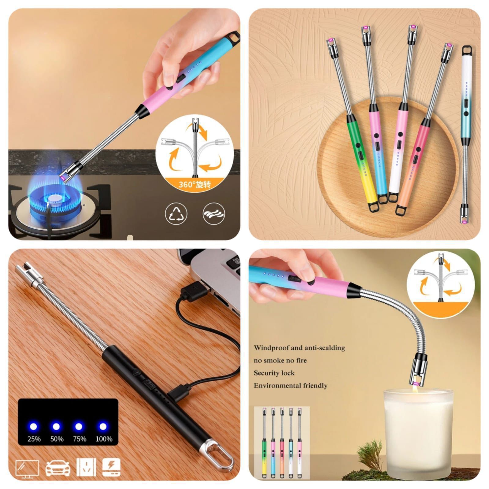 Arc Lighter With Usb Charging Cable | Flameless Windproof | LED Battery Display | Safety Switch | Rotate 360 Degrees