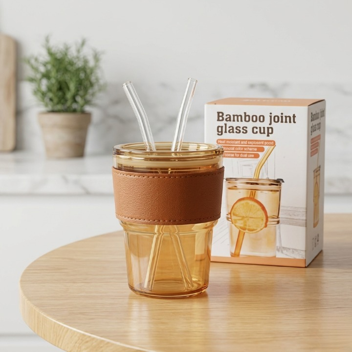 Premium Amber Glass Coffee Tumbler – Travel Mug with Leather Heat Sleeve, Glass Straw (400ml)