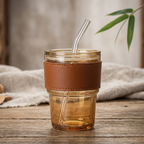 Premium Amber Glass Coffee Tumbler – Travel Mug with Leather Heat Sleeve, Glass Straw (400ml)